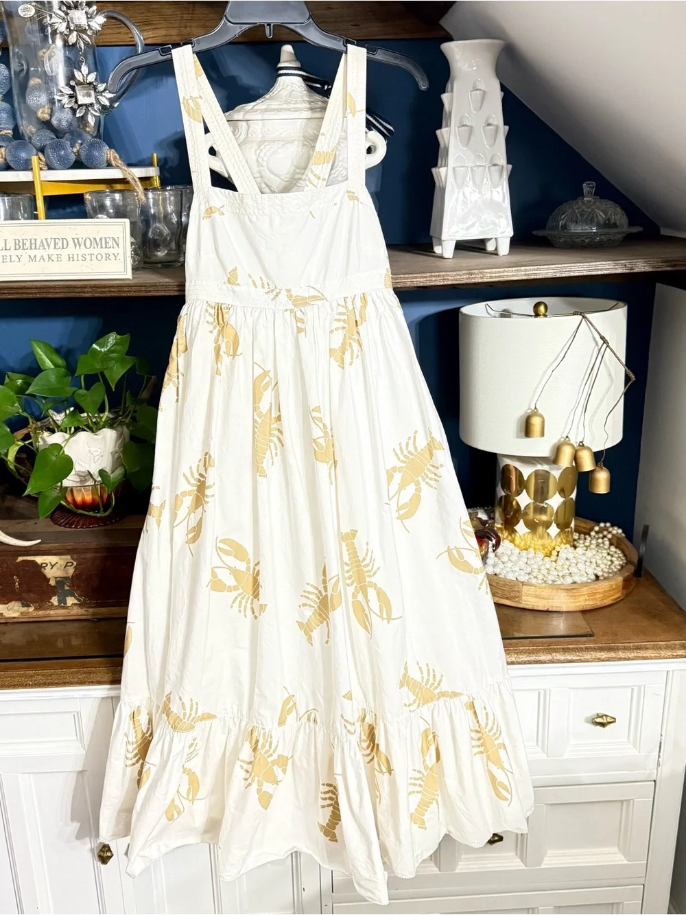 J. Crew White Midi dress with tan Lobster Print